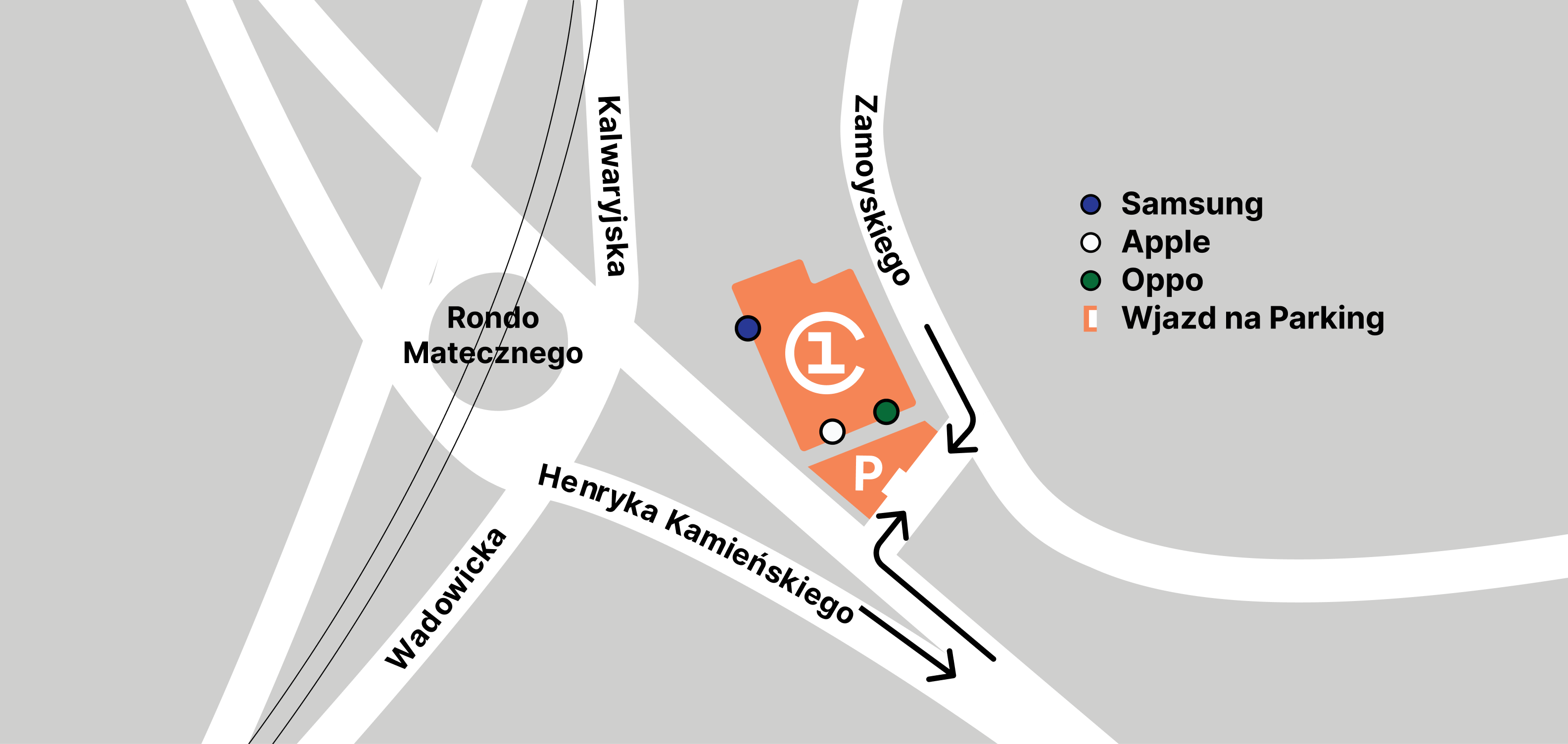 Mapa Krakowa, ze wskazaniem lokalu 1Core.